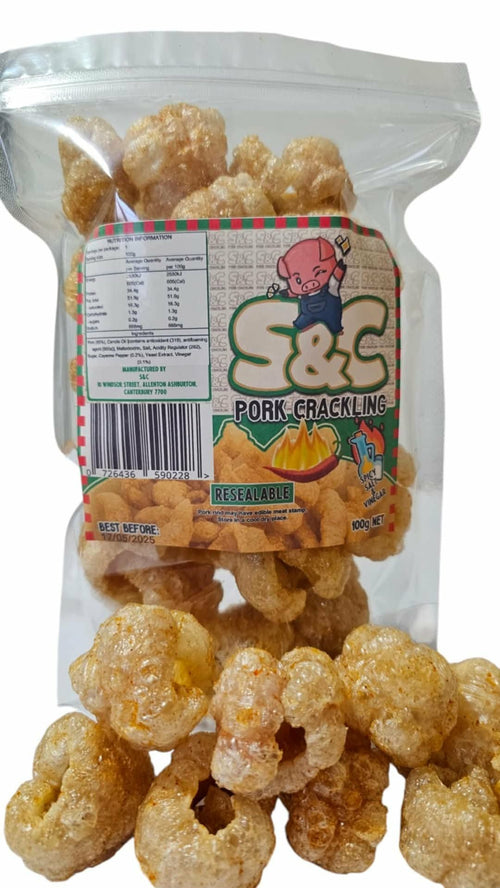 Packaged S&C pork cracklings with visible label and product.
